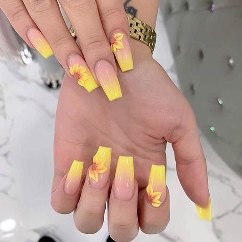 Follow me for more 🕊 Cute Coffin Nails, Occasion Nails, Bright Nail Art, Yellow Nails Design, Yellow Nail, Sunflower Nails, Pedicure Manicure, Short Coffin Nails, Vibrant Nails