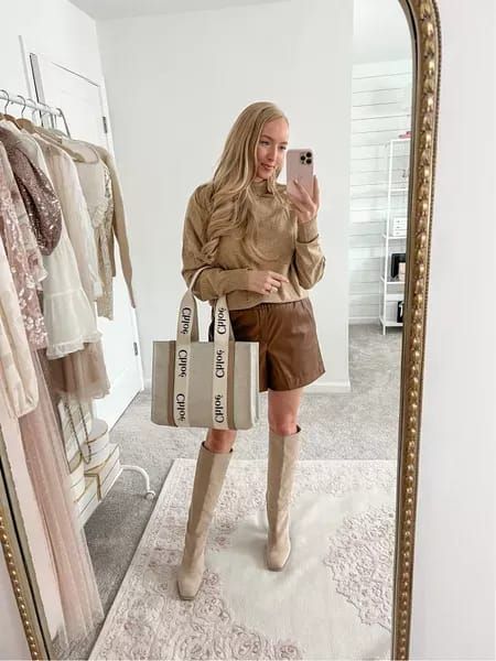 Faux leather shorts with a neutral sweater and Chloe woody tote Woody Outfit, Chloe Woody Tote, Neutral Sweater, Neutral Sweaters, Faux Leather Shorts, Winter To Spring, Cold Weather Fashion, Celine Luggage Bag, Medium Tote