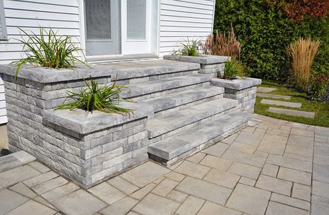 Easy Front Steps Ideas, Concrete Steps To Front Door, Steps With Planters, Small Front Steps Ideas, Paver Stairs, Raised Porch, Front Porch Stone Steps, Concrete Front Steps, Front Door Landscaping