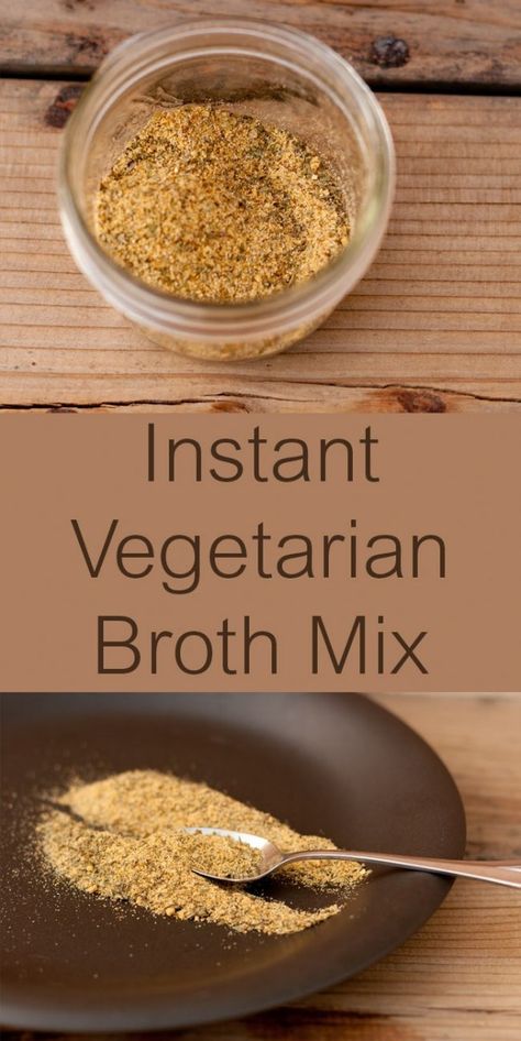 Instant Vegetarian Broth Mix no sodium, is vegan, gluten-free, extremely low in calories, and adds a nice flavor boost to soups, stews, casseroles, or anywhere you need some broth. Vegetarian Broth, Vegan Broth, Dried Spices, Vegetarian Snack, Veggie Broth, Dry Mixes, Diy Easy Recipes, Spice Mix Recipes, Diy Spices