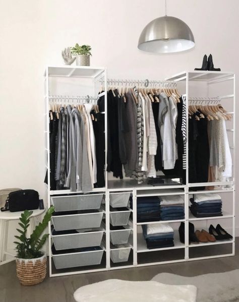 Jonaxel Ikea Hack Closet, Ikea Jonaxel Closet, Alternative Wardrobe Ideas, Jonaxel Ikea Closet, Open Closet Aesthetic, Jonaxel Ikea Ideas, Jonaxel Ikea Hack, Clothes Storage Ideas No Dresser, Ikea Open Wardrobe