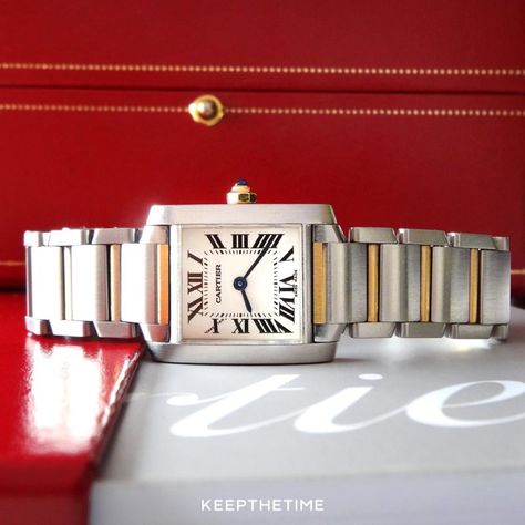 Cartier Tank Francaise 18K Gold and Steel Two-Tone The Cartier Tank Francaise is the epitome of a classy luxury timepiece for women. It's also the most recognizable ladies watch. Now you can get a pre-owned model in two-tone 18K gold/stainless... Cartier Watches Women, Cartier Tank Francaise, Gold Watches Women, Ladies Watches, Cartier Tank, Cartier Watch, Luxury Timepieces, Seiko Watches, Rolex Gmt