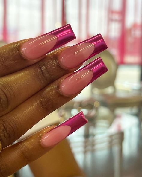 Pink Crome Nails Acrylic, French Tip Nails Pink Chrome, Magenta Chrome French Tip Nails, Tapered Square Chrome Nails, Chrome Hot Pink French Tip Nails, Pink Chrome French Tip Nails Coffin, Frenchies Nails Long, Pink Chrome Nails Designs Square, Crome Nails Design Ombre Pink