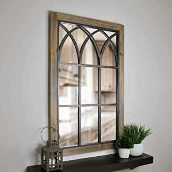 Size matters – Our FirsTime & Co. Grandview arched window mirror has a 37. 5" Height, 24" Width and 2" Depth, making it the perfect size for any living space. The size of the Glass alone has a 33” Height and 19” width. It’s in the details – This large rectangular mirror is crafted of solid fir wood with a Weathered Brown finish, complete with curved metal arches to give it a vintage rustic Farmhouse appeal. Arched Window Mirror, Farmhouse Windows, Arch Mirror, Tuscan Decorating, Window Mirror, Arched Windows, Framed Mirror Wall, Window Frame, Wall Mounted Mirror