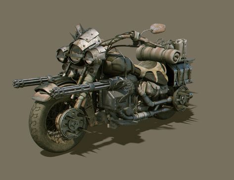 Heavy Wasteland Motorcycle , Misuo WU on ArtStation at https://www.artstation.com/artwork/AQ2a5 Mad Max Motorcycle, Zombie Car, Zombie Survival Vehicle, Mad Max Movie, Dieselpunk Vehicles, Apocalypse World, Post Apocalyptic Art, Apocalypse Art, Futuristic Motorcycle