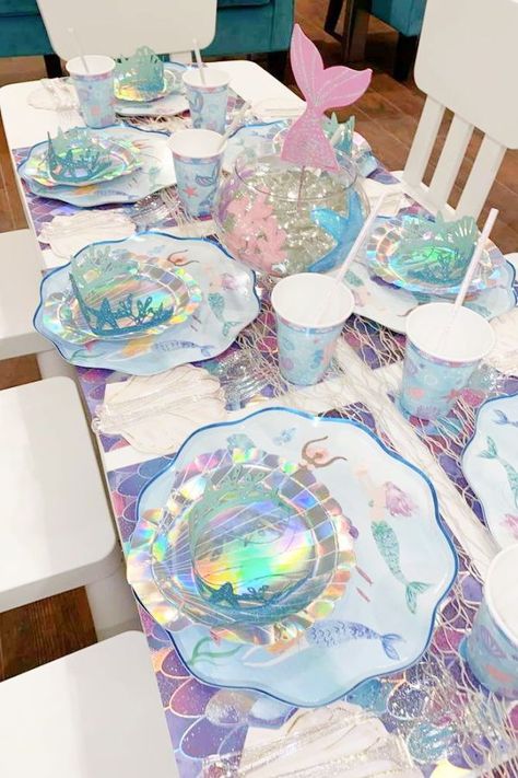 Take a look at this beautiful under the sea birthday party! The table settings are gorgeous! See more party ideas and share yours at CatchMyParty.com Elena Birthday Party, Mermaid Birthday Party Ideas, Mermaid Pool Parties, Sea Party Ideas, Under The Sea Birthday Party, Mermaid Theme Birthday Party, Mermaid Kids, Birthday Party Snacks, Under The Sea Birthday