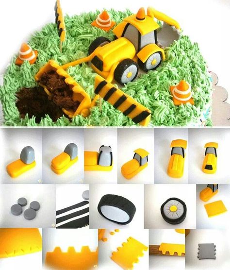 Digger Digger Cake Topper, Digger Cake, Construction Birthday Cake, Truck Birthday Cakes, Tractor Cake, Construction Cake, 3rd Birthday Cakes, Cake Topper Tutorial, Fondant Tutorial