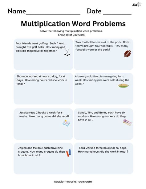 Multiplication Word Problems PDF - Single Digit - Academy Worksheets Math Word Problems 4th Grade, Multiplication Word Problems 4th Grade, Multiplication Word Problems 3rd Grade, Word Problems 3rd Grade, Maths Worksheet, Worksheet Kindergarten, Multiplication Word Problems, Math Tutoring, Worksheet Preschool