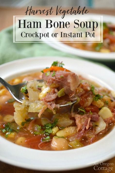 Easy Harvest Vegetable Ham Bone Soup is so delicious - and easy to make in a either a Crockpot or Instant Pot (or on the stove)! Use up your ham bone - it may become your favorite part of having ham! #soup #ham Bone Soup Recipes, Soup Recipe Crockpot, Ham Bone Soup Recipes, Cooking Ham In Crockpot, Cooking Ham, Cooking Asparagus, Ham Bone Soup, Soup Crockpot, Bone Soup