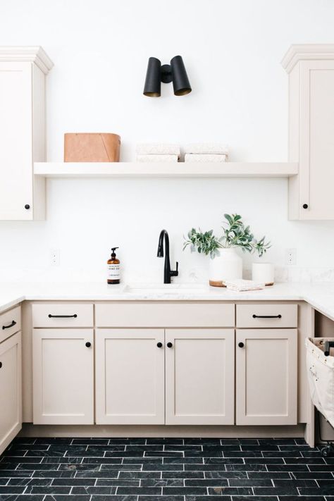 These cream cabinets with black tile floor are so beautiful.  Also love the bright white walls Greige Kitchen Cabinets, Australian Kitchen, Greige Kitchen, Vineyard House, Edgecomb Gray, Basement Furniture, Greige Paint Colors, Greige Paint, Wall Diy