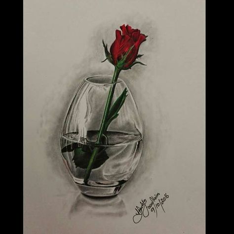 Red Rose in glass Pencil Drawing Glass Pencil Drawing, Rose In Vase, Jar Drawing, Drawing Rose, Drawing Digital Art, Drawing Digital, Hand Art Drawing, Hand Art, Pencil Drawing