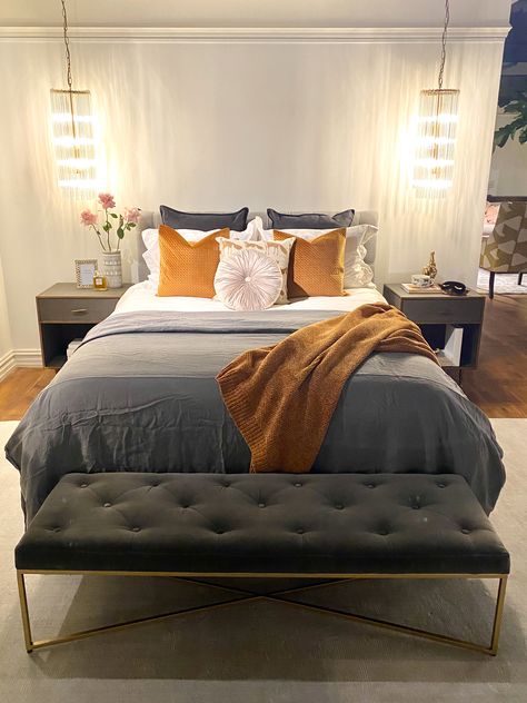 Gray And Mustard Bedding, Bedroom Mustard And Grey, Gray And Mustard Bedroom, Grey And Mustard Bedroom Ideas, Mustard Bedding Ideas, Grey Copper Bedroom, Grey And Mustard Bedroom, Mustard Bedroom Ideas, Copper And Grey Bedroom