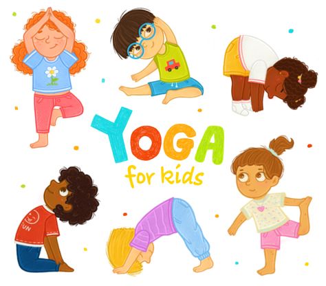 Yoga Cartoon Illustration, Yoga Kids Poses, Gymnastics Illustration, Yoga Poses For Children, Kids Indoor Gym, Habits Book, Yoga Background, Kid Yoga, Yoga Cartoon