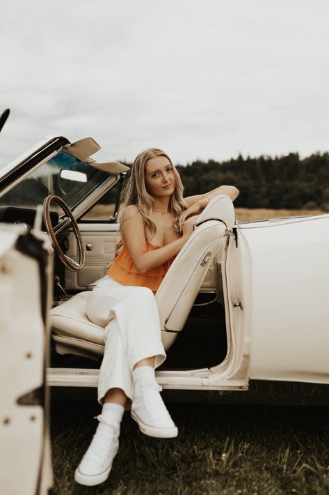 Senior Car Photoshoot, Senior Session With Car, Senior Photos With Car, Senior Pictures With Car, Senior Pics With Old Cars, Golden Hour Photos, Grassy Field, High School Football, School Football