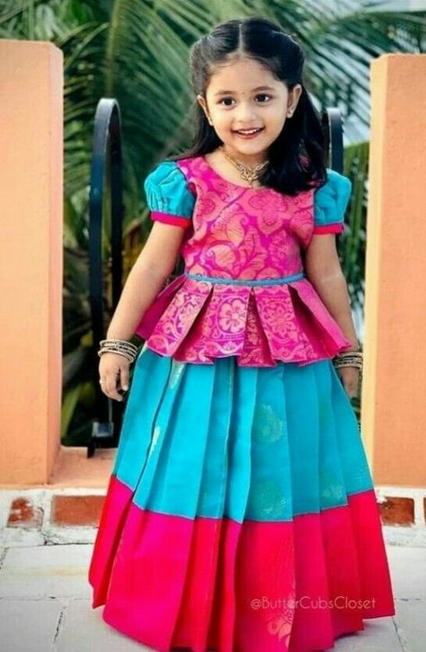 Paavadai Sattai For Kids, Baby Pattu Langa Blouse Designs, Pattu Langa For Baby Girl, Pattupavadai Designs For Kids, Baby Girl Langa Blouse Designs, Kids Pattu Langa Designs, Pattu Lehenga For Kids, Pavadai Sattai Designs, Kids Saree