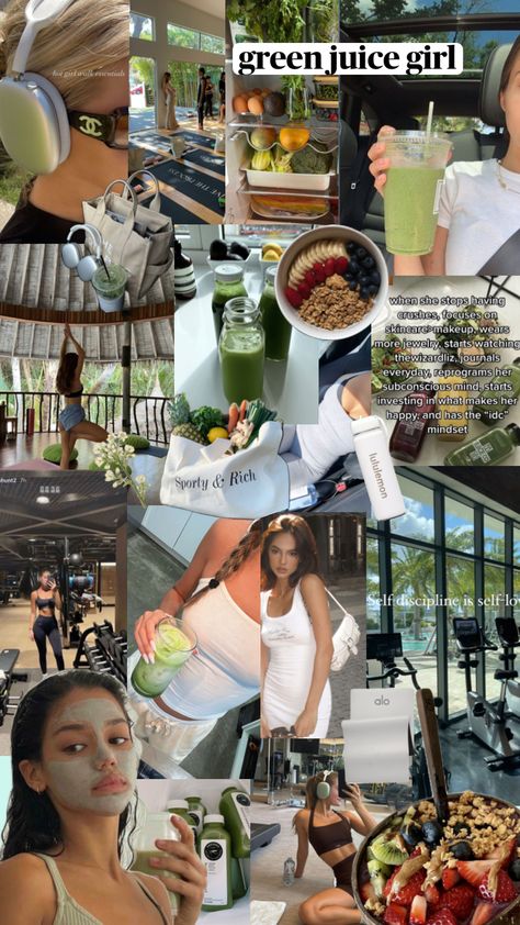 green juice girl aesthetic vision board healthy lifestyle goals Green Juice Girl Aesthetic, Vision Board Healthy Lifestyle, Green Juice Aesthetic, Green Juice Girl, Aesthetic Vision Board, Lifestyle Goals, Glo Up, Outfit Collage, Motivation Board