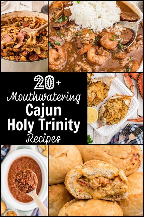 A collage of five Cajun holy trinity recipes with text overlay. Southern Chicken Stew Recipe, Southern Chicken Stew, Pastalaya Recipe, Cajun Comfort Food, Beer Chili Recipe, Southern Baked Beans, Gumbo Recipe Sausage, 15 Bean Soup, Veggies Recipes