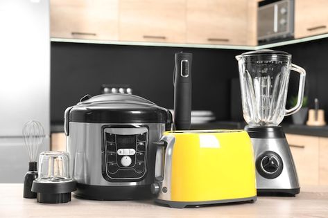 Photo modern domestic appliances on wood... | Premium Photo #Freepik #photo #kitchen #kitchen-set #kitchen-appliances #home-kitchen Table In Kitchen, Photo Kitchen, Domestic Appliances, Kitchen Set, In Kitchen, Wooden Table, Wooden Tables, Premium Photo, Kitchen Appliances