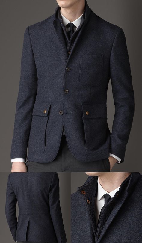 $1695 / Burberry / 38907591: Cashmere Blazer with Detachable Warmer Indowestern Outfits For Men, Casual Jackets For Men, Cool Jackets For Men, Mens Designer Sweaters, Blue For Men, Gents Kurta Design, Gents Kurta, Cashmere Blazer, Men Jackets