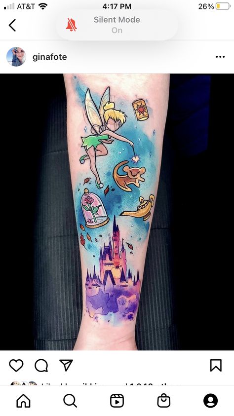 Disney Watercolor Tattoo, Tinker Bell Tattoo, Disney Inspired Tattoos, Collage Tattoo, Disney Sleeve Tattoos, Disney Sleeve, Kawaii Tattoo, Tatuaje A Color, Tattoo Style Drawings