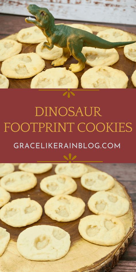 Easy Dinosaur Footprint Cookies are a super easy treat for your Dinosaur Birthday Party. These sugar cookies use refrigerated cookie dough to make things easy, and we have a neat trick to make the dinosaur footprints. Don't pass up these quick Dinosaur Fossil Cookies. Fossil Cookies, Dinosaur Snacks, Dinosaur Birthday Theme, Refrigerated Cookie Dough, Dinosaur Birthday Party Decorations, Simple Birthday Party, Dinosaur Cookies, Dinosaur Fossil, Dinosaur Footprint