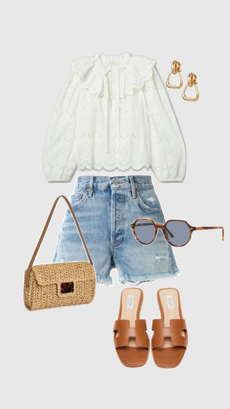 "Get ready for summer with this chic outfit inspo: a white ruffled top paired with cutoff denim shorts, brown sandals, and gold jewelry. Perfect for sunny days and breezy nights! #SummerStyle #OOTD #FashionInspo" Brown Shorts Outfit, Denim Shorts Style, Summer Brown, Outfit Plan, Ruffled Top, Brown Shorts, Stylish Work Outfits, Little Outfits, Summer Chic