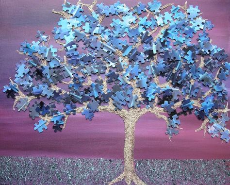 Awesome Jigsaw Puzzle Decor Ideas Jigsaw Puzzle Crafts, Skeleton Tree, Puzzle Piece Art, Puzzle Tree, Puzzle Piece Crafts, Puzzle Decor, Jigsaw Puzzles Art, Cheap Canvas, Puzzle Diy