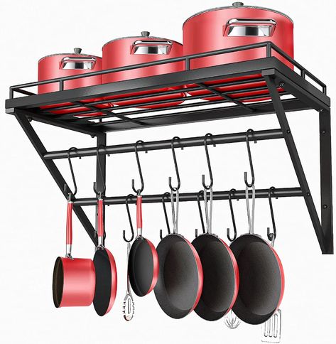 OROPY Wall Mount Pot Pan Racks, Saucepan Hanging Rack, Kitchen Utensils Hanging Shelf with 2 Rails, 12 Hooks, 60cm : Amazon.co.uk: Home & Kitchen Wall Mounted Pot Rack, Kitchen Utensil Hanger, Functional Kitchen Storage, Utensil Hanger, Pan Rack, Hanging Bar, Pot Rack, Hanging Pots, Hanging Racks