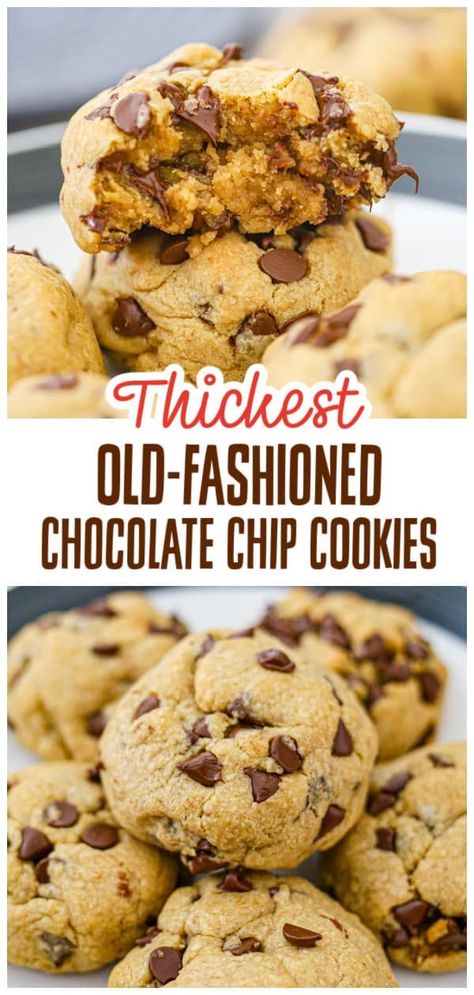 Craving a nostalgic treat that satisfies your sweet tooth? You'll love these Thick Old-Fashioned Chocolate Chip Cookies! Bursting with flavor and oozing with chocolate chips, it's the perfect recipe for a comforting, homemade dessert. Get ready to bake your way to the tastiest cookies you've ever made! Chocolate Chip Cookies Recipe Fluffy, Thick Fluffy Chocolate Chip Cookies, Scratch Cookie Recipe, Old Fashion Chocolate Chip Cookies, Chocolate Chip Cookie Recipes Homemade, Old Fashioned Chocolate Chip Cookies, Homemade Cookies Chocolate Chip, Thick Chocolate Chip Cookie Recipe, Dozen Chocolate Chip Cookies