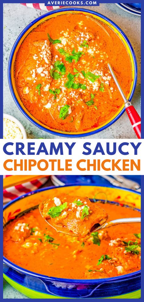 Creamy Chipotle Chicken Recipe - Averie Cooks Chipotle Adobo Chicken, Creamy Chipotle Chicken Recipe, Creamy Chipotle Chicken, Skillet Chicken Recipes Easy, Chipotle Chicken Recipe, Chipotle Adobo, Chipotle Recipes Chicken, Creamy Chipotle Sauce, Easy Skillet Chicken