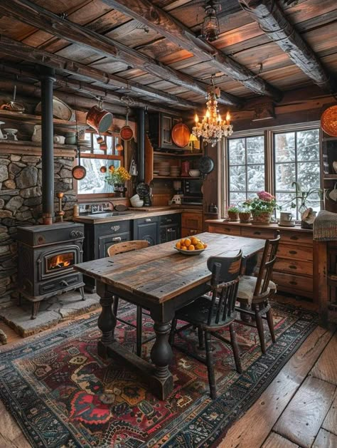 Log Cabin Interior, Rustic Kitchen Design, Cabin Kitchens, Cabin Interiors, Cabin Living, Cottage Interiors, Tiny House Cabin, Dream House Interior, Cabin In The Woods