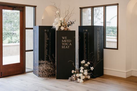 Earthen Black and White Wedding at Serra Plaza | Serra Plaza Studio Restore, Black Wedding Seating Chart, Black Seating Chart, Wedding Table Chart, Dark Bride, Modern Black Wedding, Wedding Decisions, Dark Table, Calligraphy Ideas