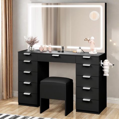 PRICES MAY VARY. Wood Adjustable XL LED Light Mirror: Sized at 46'' x 24.4'', this particle board vanity mirror offers a wide viewing angle, ensuring your beauty is showcased from every angle; The LED strip features 3 color modes, allowing you to customize your lighting with a simple touch switch Ample Storage Space: This makeup vanity boasts 11 drawers, providing generous space for all your makeup, perfumes, hair tools, and essentials; Along with a storage stool, you can keep your space organiz Modern Bathroom Makeup Vanity, Stool For Bedroom, Dressing Vanity, Light Up Vanity, Lit Mirror, White Makeup Vanity, Lighting Scheme, Bedroom Dressing Room, Bathroom With Makeup Vanity