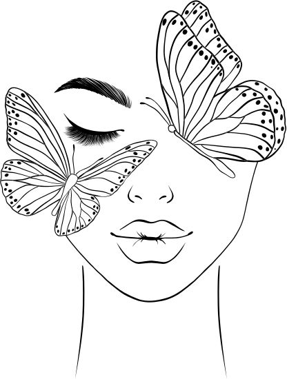 Woman Face, Line Art, Butterflies, Stock Vector, Wall Art, Wall, Black, Art