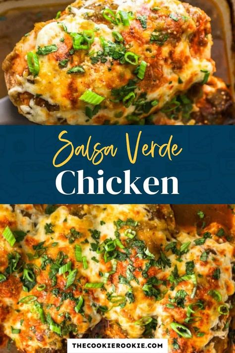 This baked Salsa Verde Chicken only requires a handful of ingredients and about 20 minutes to make. It'll be the most flavorful dinner you make all week! Baked Salsa Verde Chicken, Chicken Salsa Verde Bake, Salsa Verde Ranch Chicken, Chicken And Green Salsa Recipe, Chicken With Salsa Verde, Salsa Verde Chicken Casserole, Mexican Chicken Breast, Chicken Salsa Verde, Easy Salsa Verde