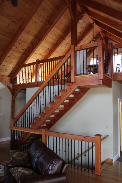 Stairs up to a loft Cabin Loft Stair Ideas, Cabin Stairs To Loft, Loft Railing Ideas Rustic Cabin, Cabin Staircase To Loft, Barn Staircase To Loft, House Loft Ideas, Cabin Stairs, A Frame Loft Houseplans.com, Loft Railing