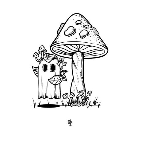 Autumn Doodle Art, Spooky Mushroom Drawing, Ghost Mushroom Drawing, Ghost Mushroom Tattoo, Doodle Art Mushroom, Halloween Mushrooms, Mushroom Tattoo, Mushroom Tattoos, Mushroom Drawing