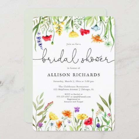 $3.19 | Colorful wildflowers spring bridal shower invitation #elegantmodernsimplechicstylish #wildflowerswildflower #redyellowbluepurplegreen #floralgardenbotanicalmeadow #colorfulgreenerywatercolors #springsummerbridalshower #orangelavenderlilylilaclilies Spring Rehearsal Dinner, Spring Bridal Shower, Summer Bridal Showers, 1st Birthday Party Invitations, Modern Bridal Shower, Bridal Invitations, Purple Wedding Invitations, Floral Bridal Shower Invitations