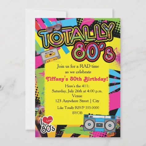 $3.44 | 80's Eighties Birthday Party Retro Invitation #80's, eighties, birthday, invitation, radio, cassette, tape, paint, colorful, fun Eighties Party, Retro Invitation, 80s Birthday Parties, 80s Theme Party, 21st Birthday Invitations, Birthday Dinner Party, 80s Theme, Mermaid Birthday Invitations, 30th Birthday Invitations