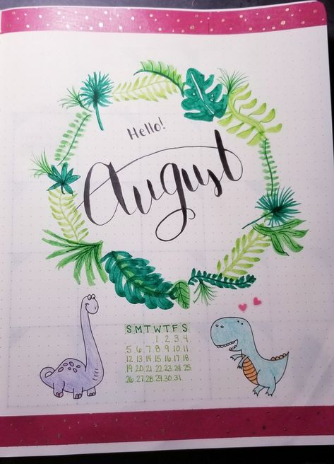 Bujo Dinosaur Theme, Dinosaur Bullet Journal, Blonde Desk, Journal Hacks, Journal August, Chalkboard Calendar, January Bullet Journal, Bullet Journal Hacks, Bullet Journal Themes