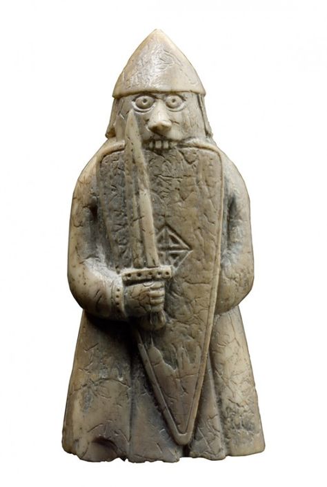 Lewis chessman berserker bites his shield -  this is the accepted notion of the berserker,  who brought himself to fever pitch before a battle and afterwards was left shaking like a leaf (a bit like your heavy metal rock stars of the 1970s) Viking Berserker, Medieval Chess, Viking Culture, Old Norse, Viking History, Viking Art, Norse Vikings, Trondheim, Celtic Art