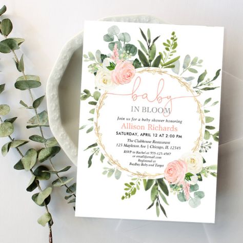 Baby in bloom pink gold greenery girl baby shower invitation Baby Shower Pink Gold, Baby Shower Baby In Bloom, Green Baby Shower Invitations, Fall Greenery, Pink Gold Baby Shower, Couples Baby Shower Invitations, Pink Floral Watercolor, Baby Girl Shower Invitations