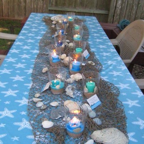 Beach Theme Party Decorations | Beach themed party | cute snack/party ideas Beach Theme Centerpieces, Bride Table, Ocean Themed Party, Beach Theme Party Decorations, Beach Decorations, Super Party, Beach Themed Party, Cute Snacks, Cute Ideas