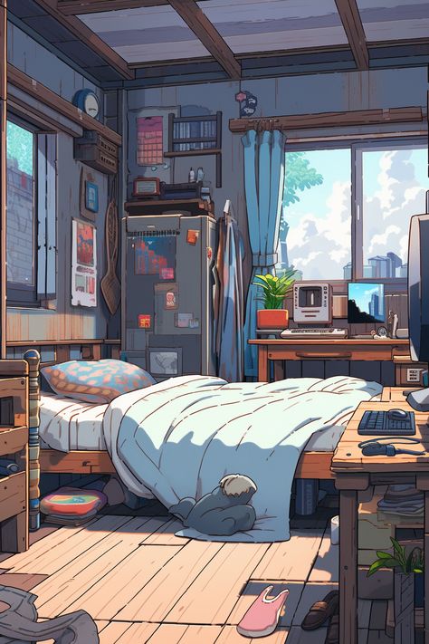 Dorm Room Illustration, 2d Animation Background Room, Digital Art Bedroom, Home Anime Aesthetic, Anime Apartment Aesthetic, Anime Bedroom Wallpaper, Japanese Room Anime, Anime Bedroom Art, Bedroom Background Drawing