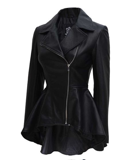 Black Leather Peplum Jacket For Women Upgrade your wardrobe with the effortlessly cool women's black peplum leather jacket. The leather is buttery soft to the touch and features high-quality hardware that you can tell was built to last for years. This astonishing peplum-style jacket will give you a charming appearance with any dress and make you stand out in the crowd in no time. Get this beautiful jacket and complete your women's leather jacket collection. Peplum Leather Jacket, Asymmetrical Leather Jacket, Biker Look, Varsity Jacket Women, Tan Leather Jackets, Distressed Leather Jacket, Womens Black Leather Jacket, Leather Peplum, Black Leather Biker Jacket