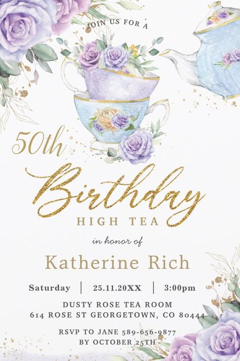 Elegant 50th Birthday Tea Party Invitations High Tea Birthday Party, Par Tea, 60th Birthday Party Invitations, Pink Tea Cups, 50th Birthday Party Invitations, Flowers Romantic, Blue Teapot, 60th Birthday Invitations, Tea Party Invitations