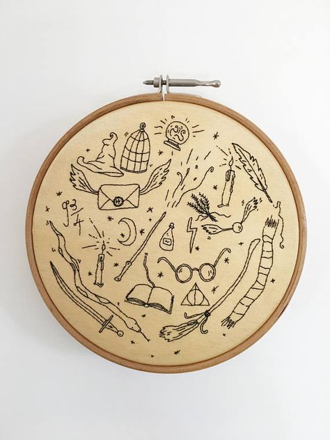 Hand-embroidered HARRY POTTER wall art Embroidery Harry Potter, Harry Potter Embroidery, Cross Stitch Harry Potter, Blackwork Embroidery Designs, Harry Potter Wall Art, Harry Potter Quilt, Free Embroidery Patterns Machine, Harry Potter Etsy, Hoop Wall Art