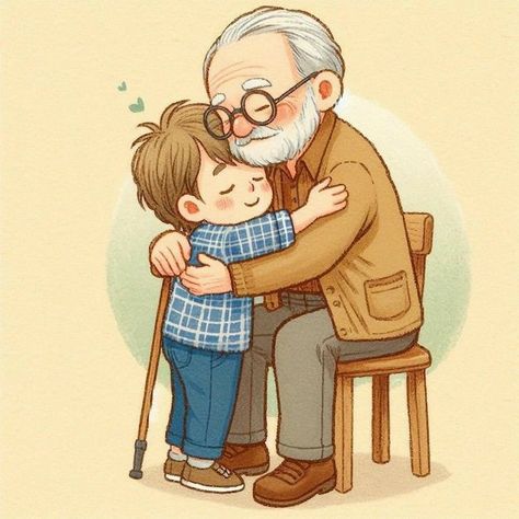 Grandfather With Grandson, Hugging Photos, Grandpa Illustration, Hugging Drawing, Parents Images, Grand Parents, Father Photo, Painted Illustration, Father Images