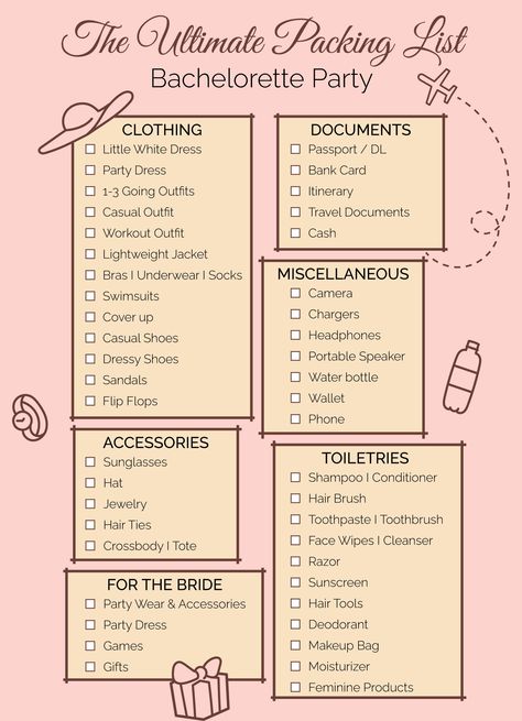 Bachelorette Packing List, Bachelorette Party Packing List, School Trip Packing, Packing List Template, Miami Bachelorette, Miami Bachelorette Party, Disney Bachelorette, Ultimate Packing List, Docs Templates