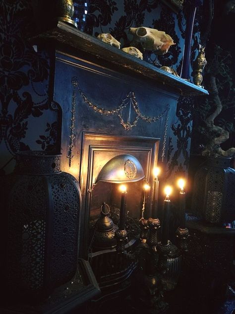 Gothic fireplace #goth #gothic #decor #interior #alternative #homemaking #gothichomemaking Gothic Fireplace, Gothic Decor, Gothic House, Addams Family, Fireplace, Dream House, Halloween, Home Decor, Home Décor